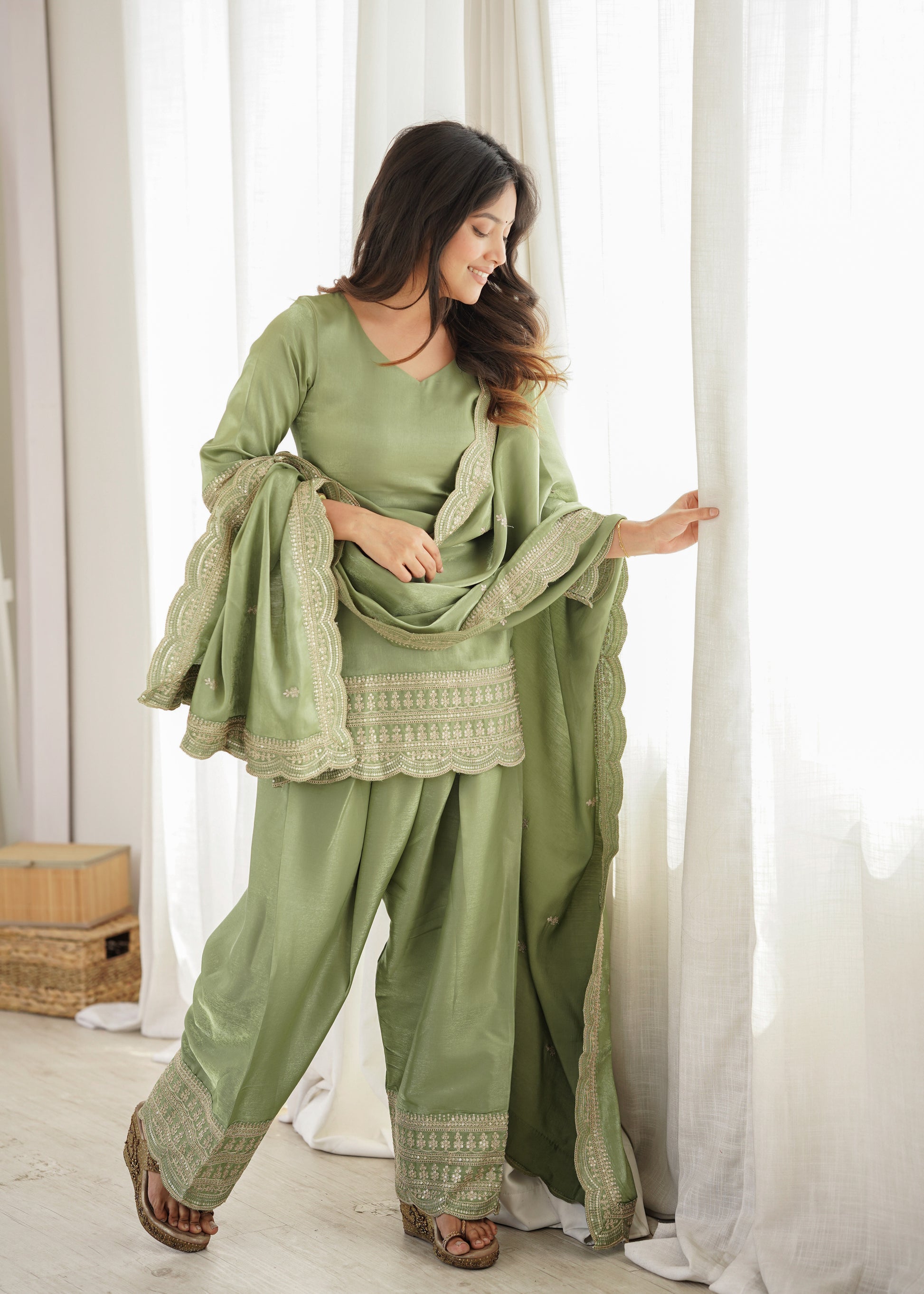 Pista Green Silk Kurta Farshi Salwar Set