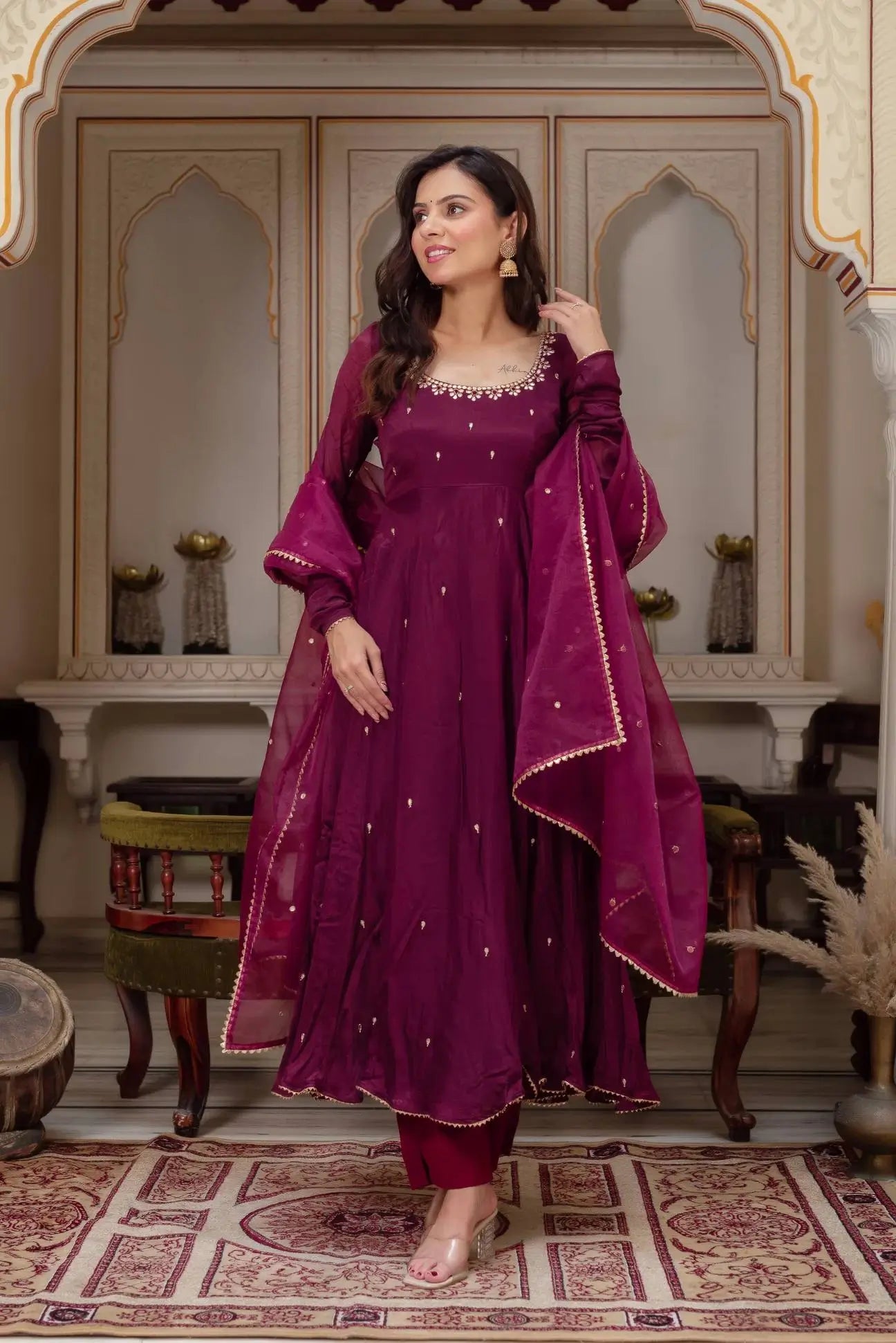 Plum Allure Heavy Fox Georgette Embroidered Anarkali Gown Set