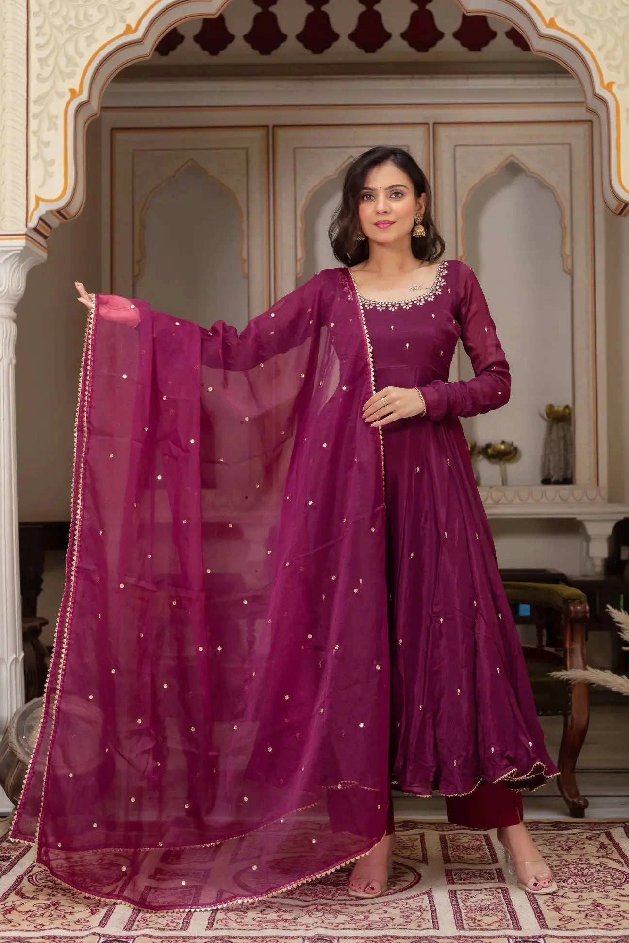Plum Allure Heavy Fox Georgette Embroidered Anarkali Gown Set