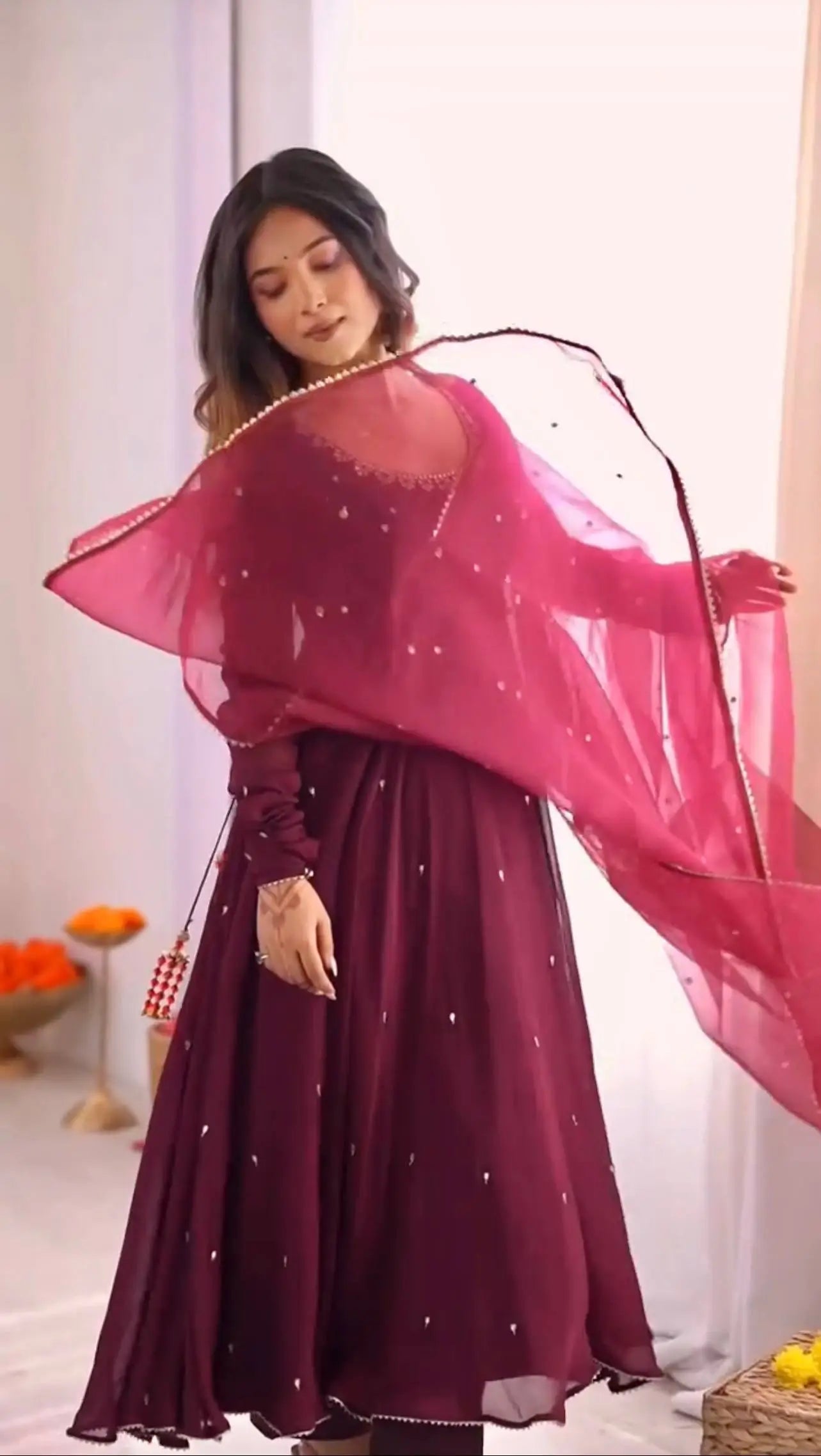 Plum Allure Heavy Fox Georgette Embroidered Anarkali Gown Set