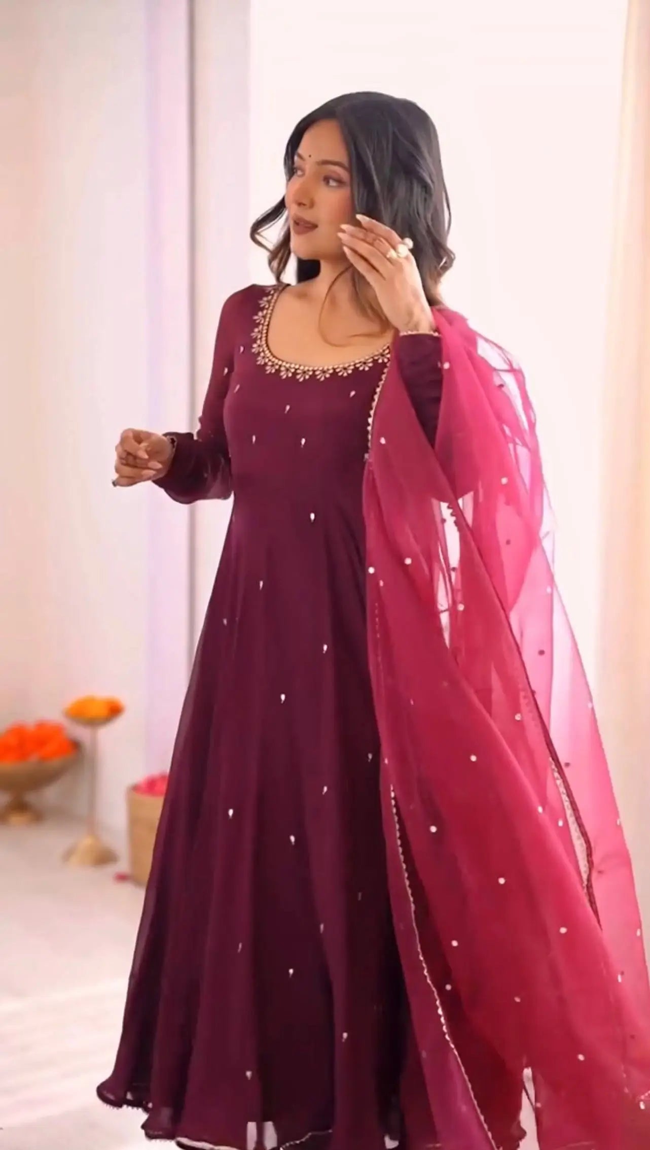 Plum Allure Heavy Fox Georgette Embroidered Anarkali Gown Set