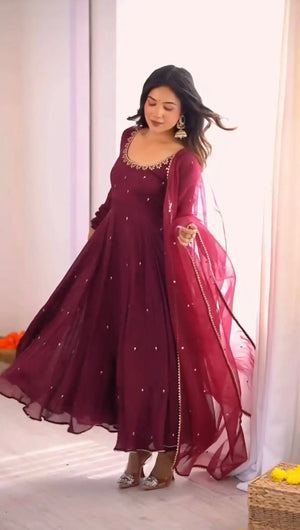 Plum Allure Heavy Fox Georgette Embroidered Anarkali Gown Set