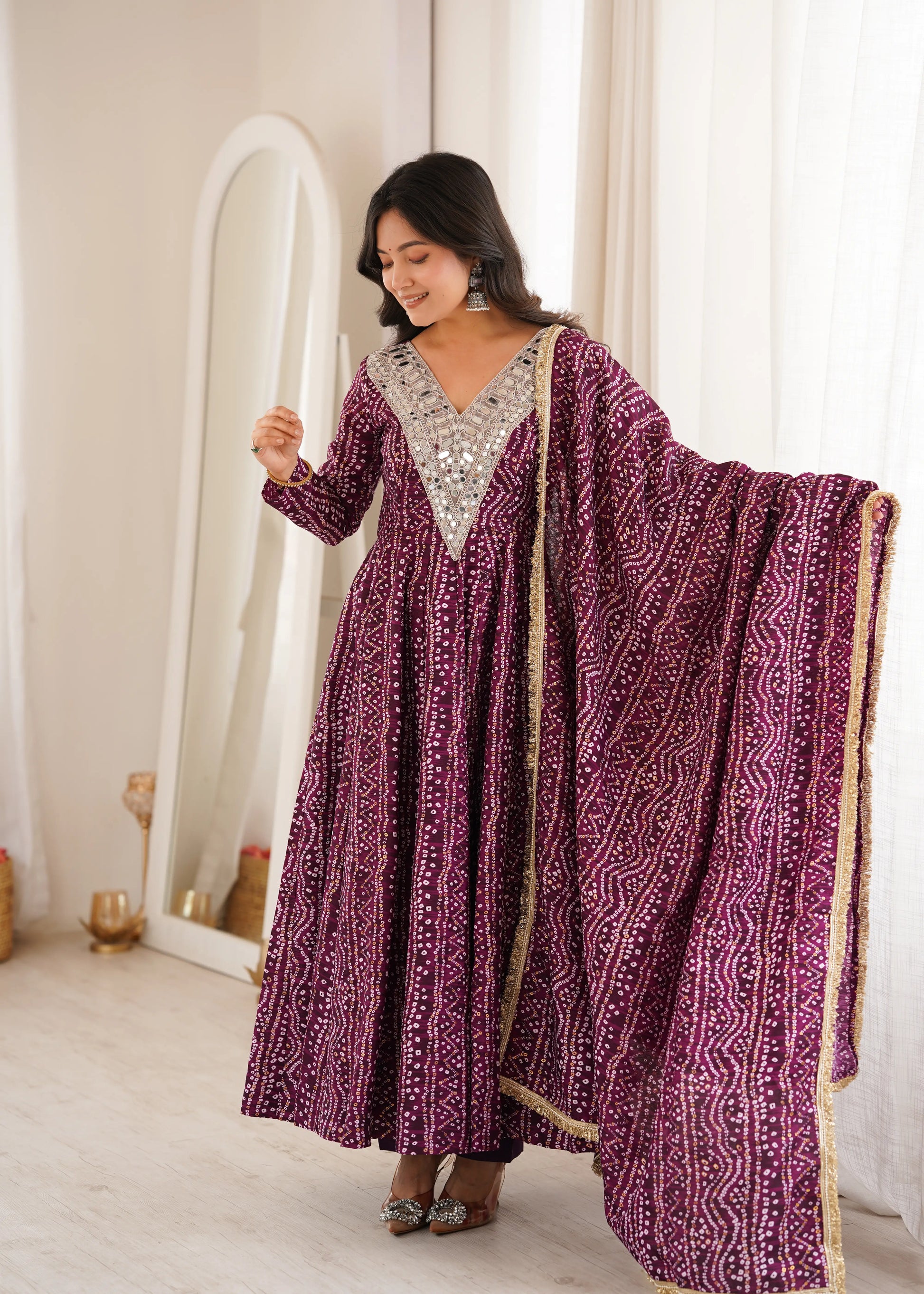 Plum Bandhani Mirror Anarkali Set