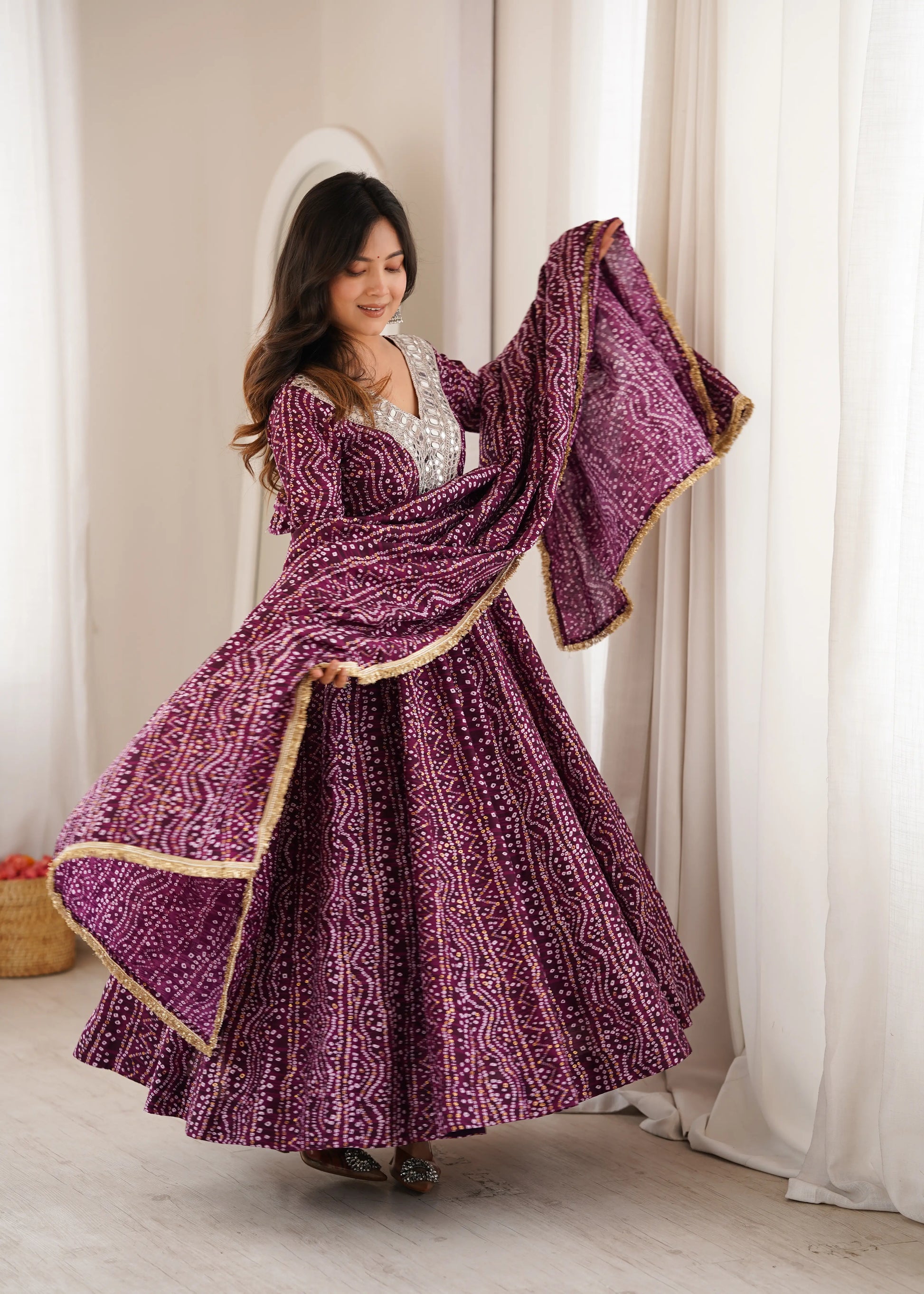 Plum Bandhani Mirror Anarkali Set