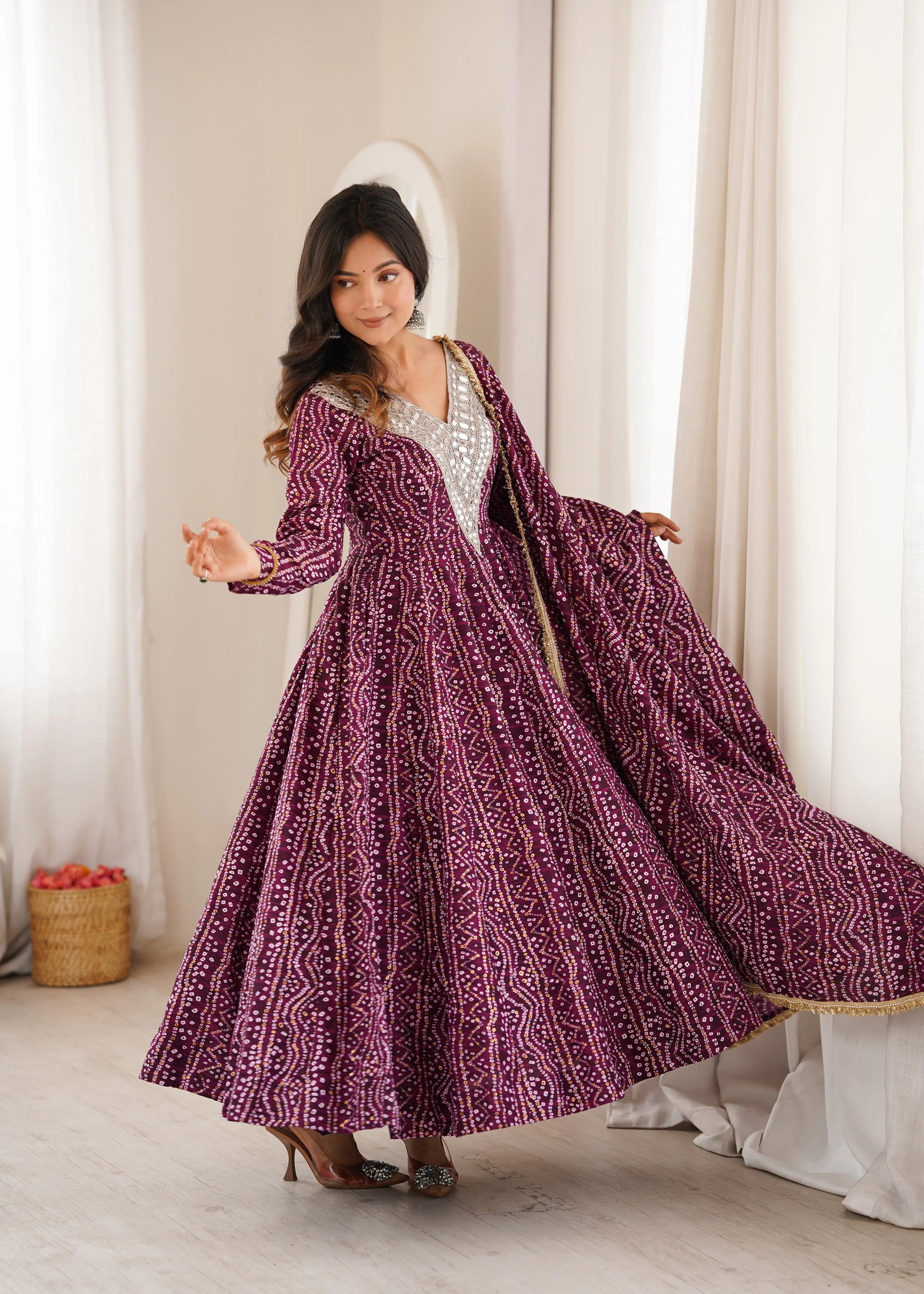 Plum Bandhani Mirror Anarkali Set