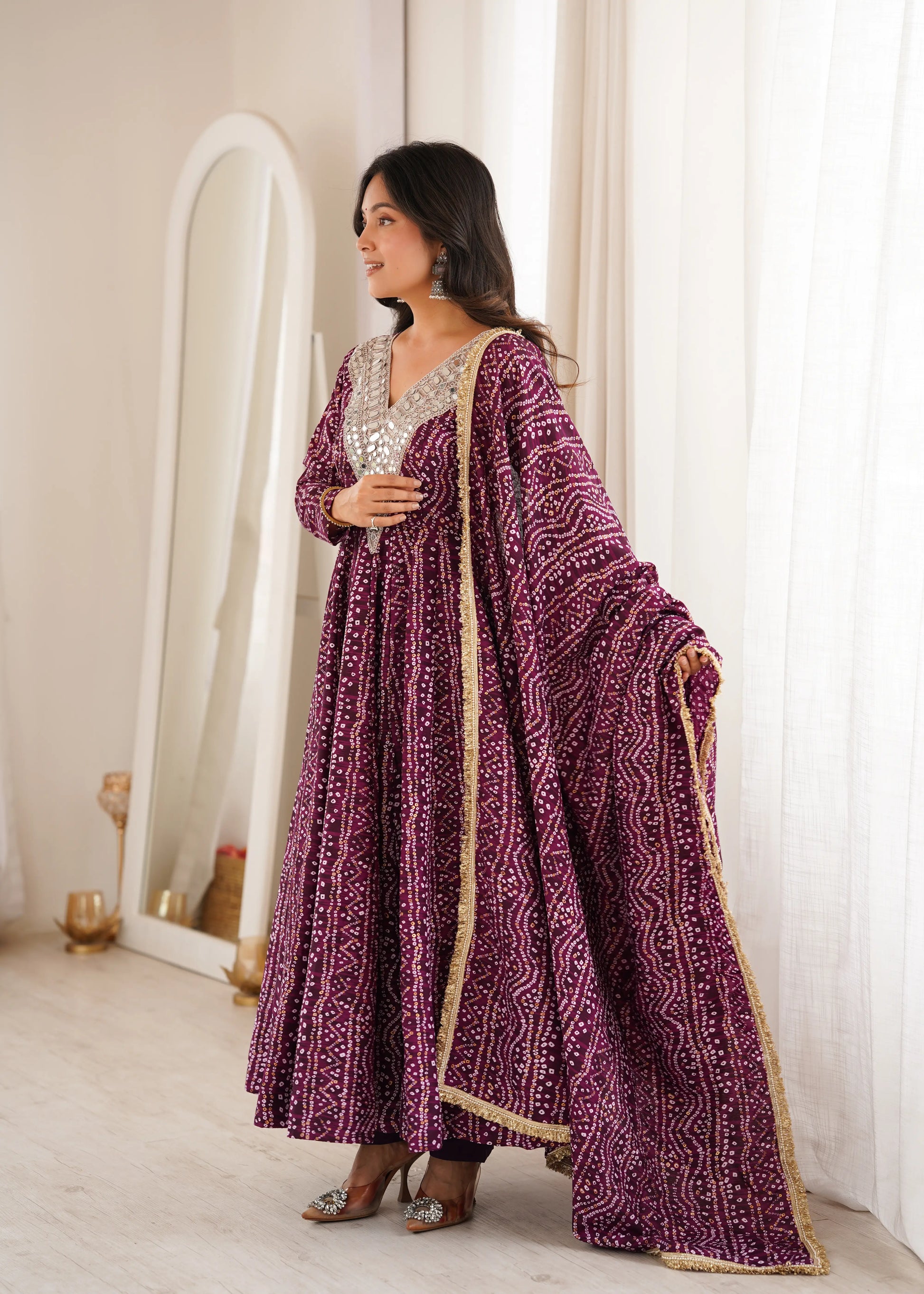 Plum Bandhani Mirror Anarkali Set