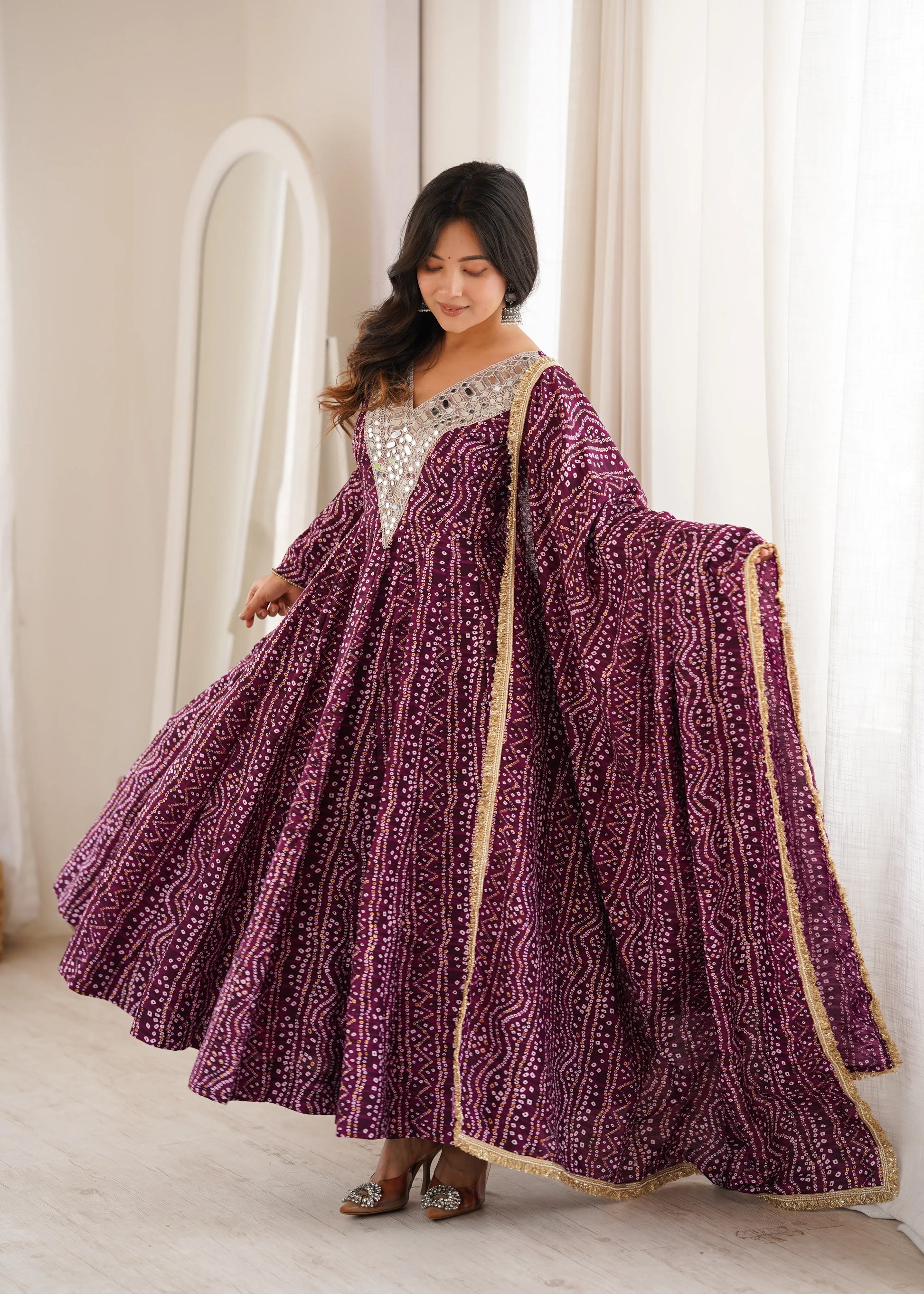 Plum Bandhani Mirror Anarkali Set
