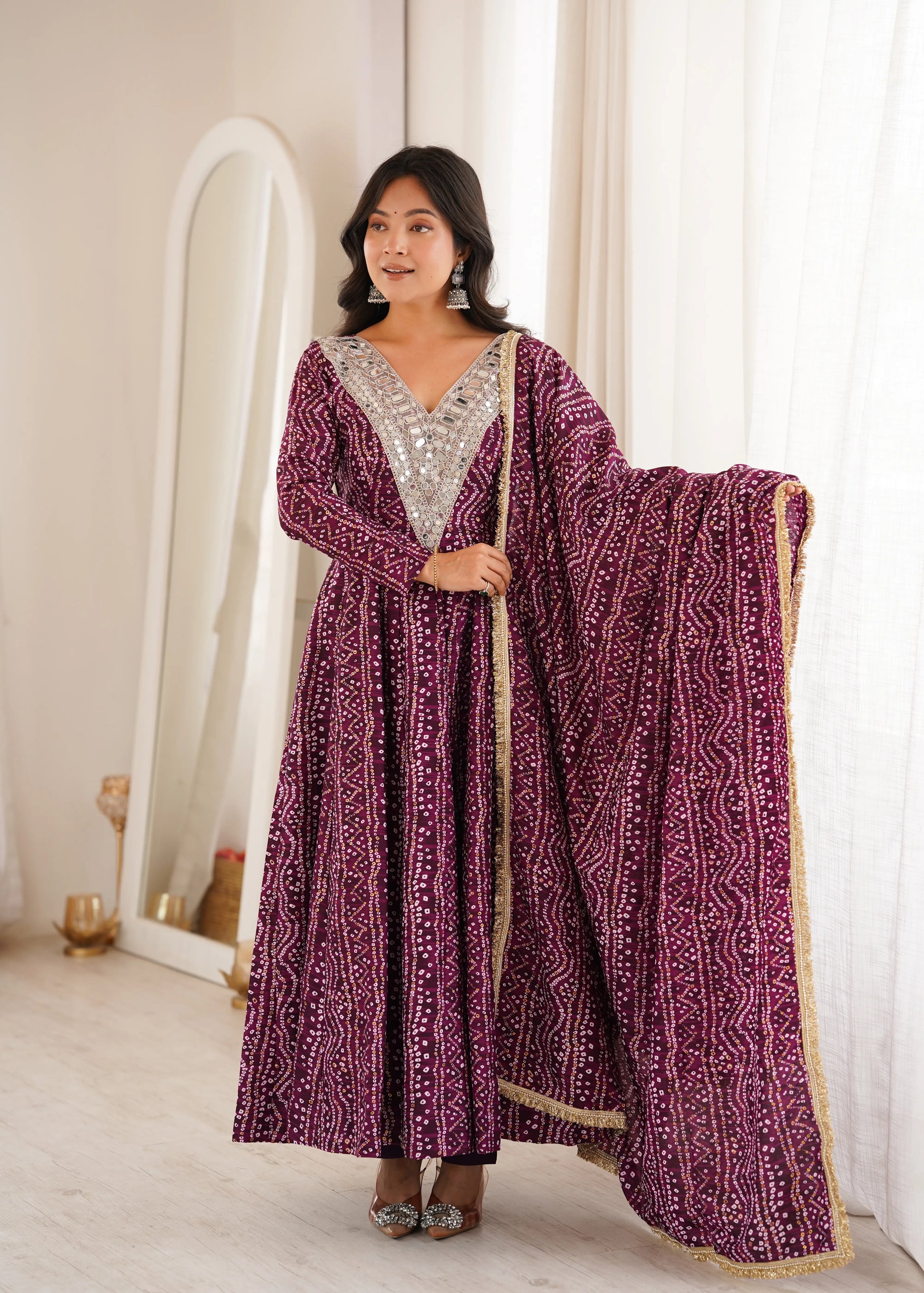 Plum Bandhani Mirror Anarkali Set