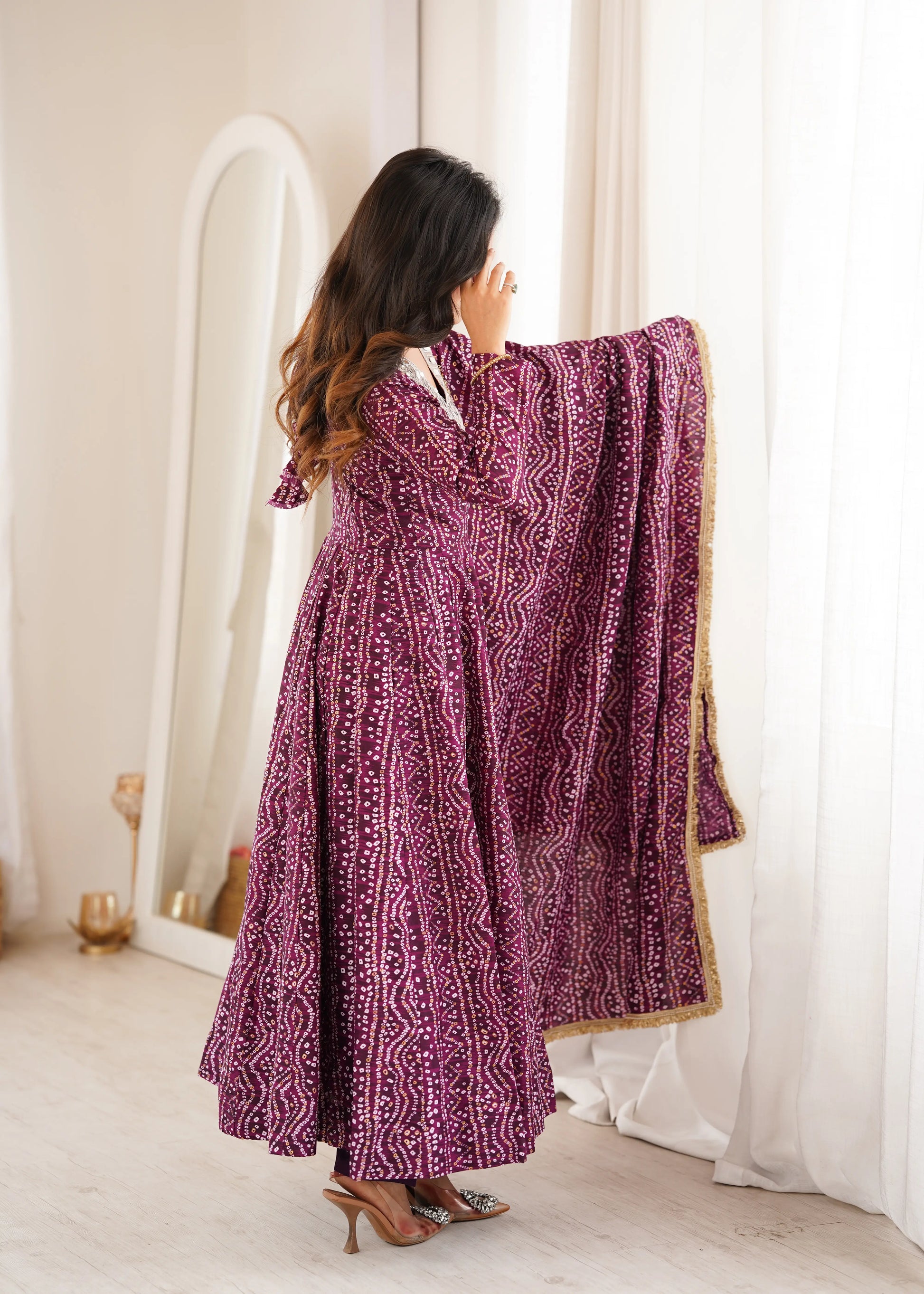 Plum Bandhani Mirror Anarkali Set