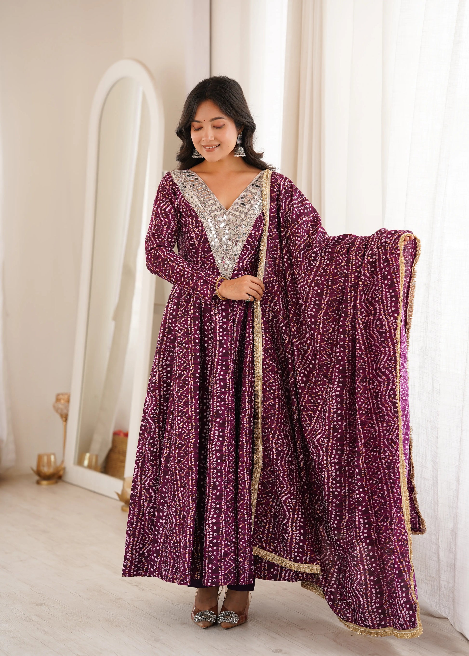 Plum Bandhani Mirror Anarkali Set