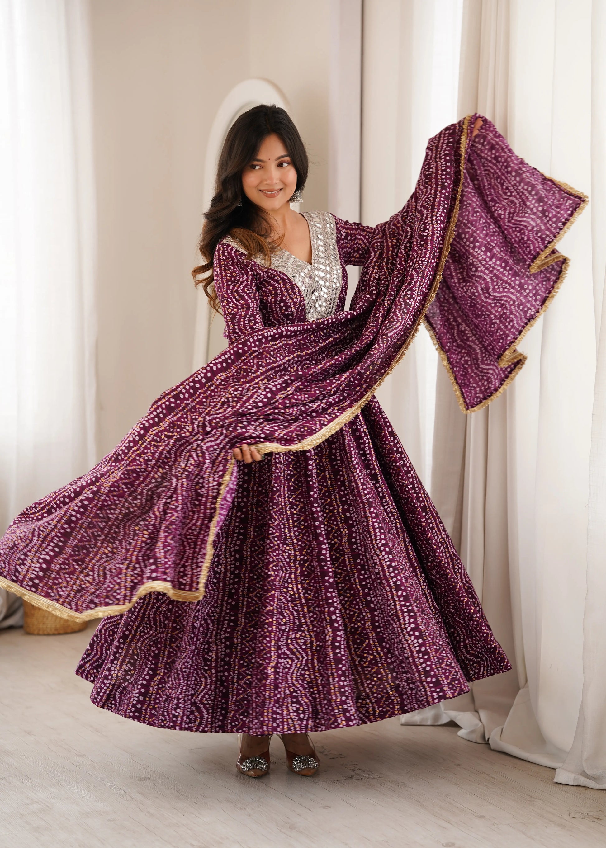 Plum Bandhani Mirror Anarkali Set