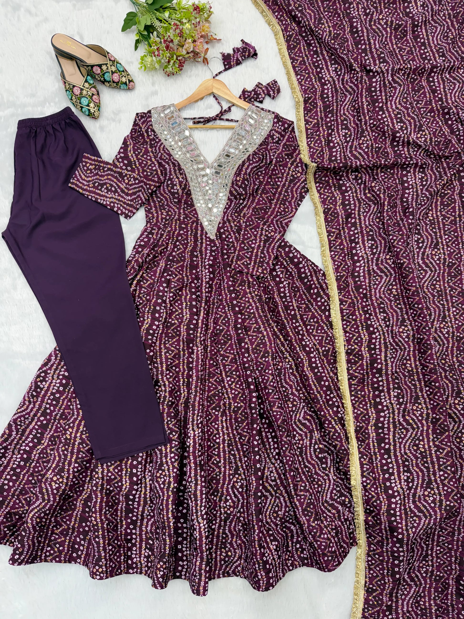 Plum Bandhani Mirror Anarkali Set