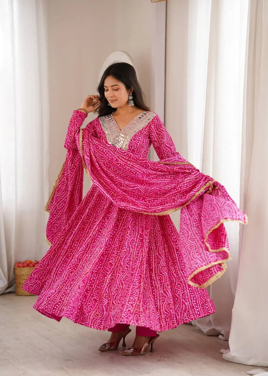 Plum Bandhani Mirror Anarkali Set