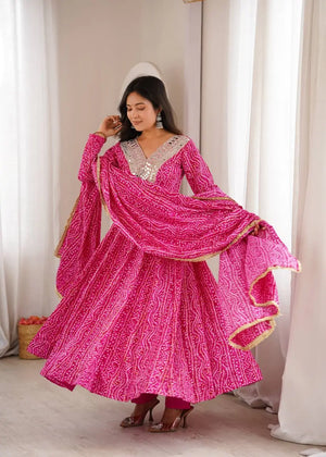 Plum Bandhani Mirror Anarkali Set
