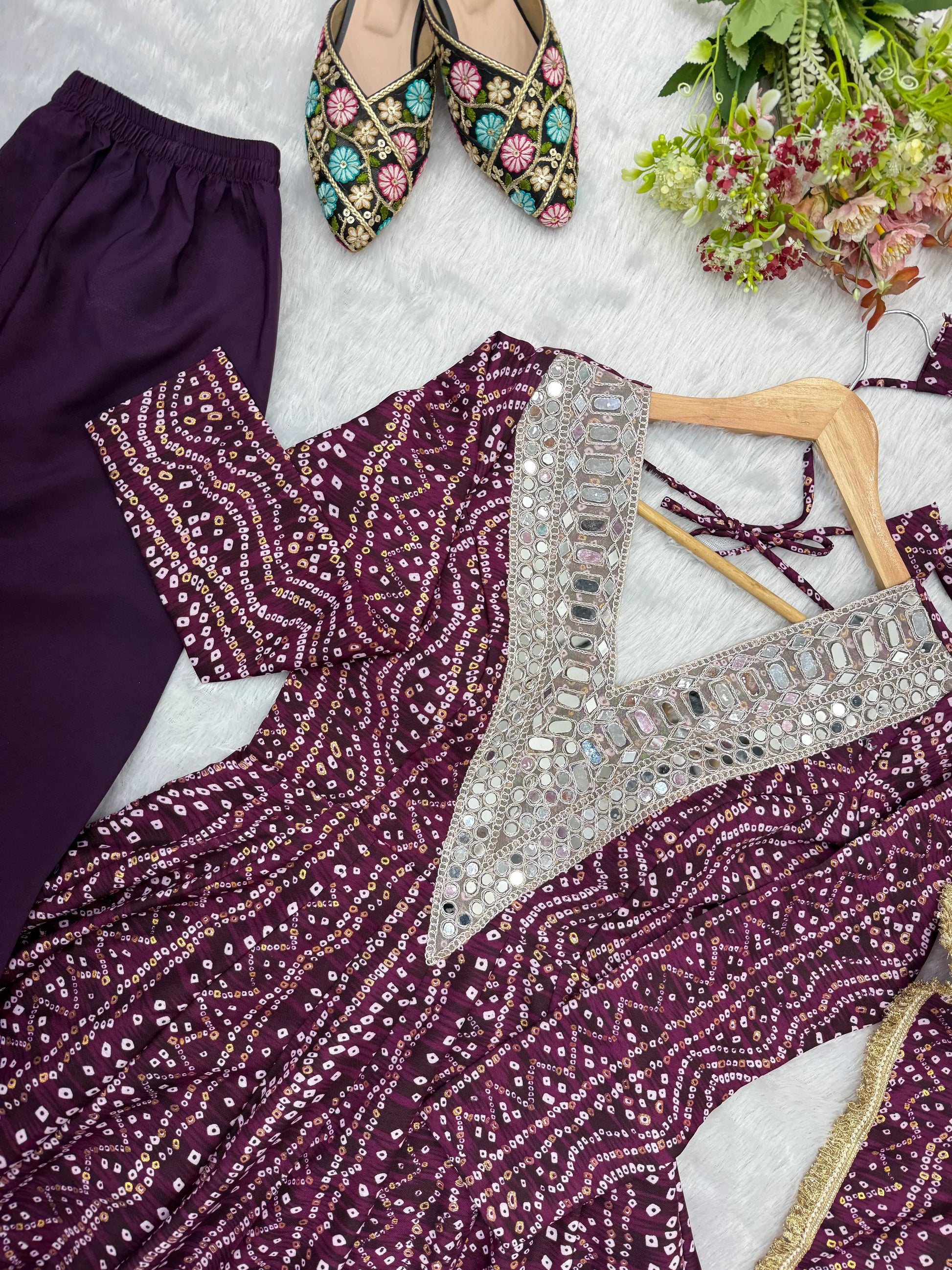 Plum Bandhani Mirror Anarkali Set