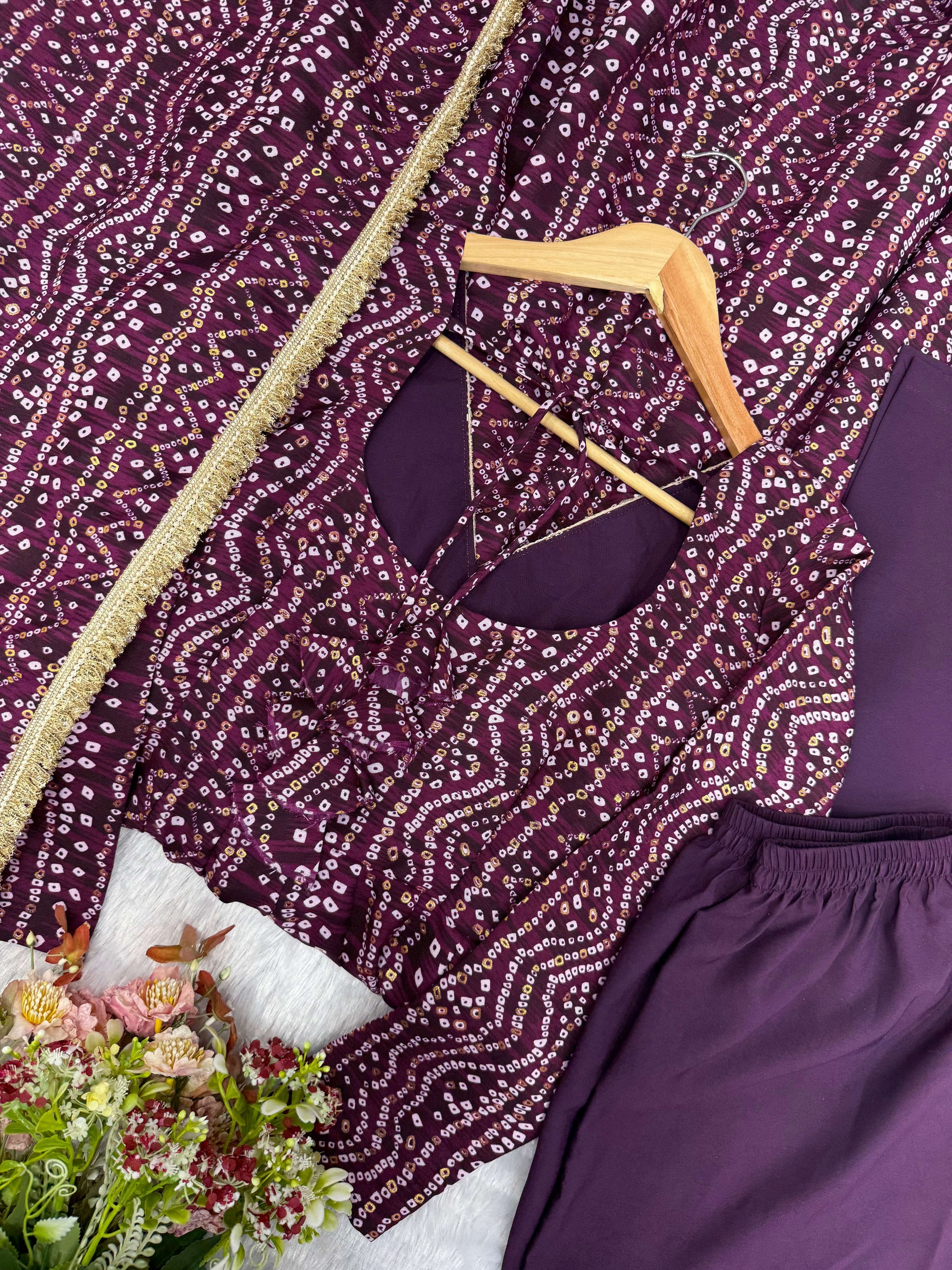 Plum Bandhani Mirror Anarkali Set