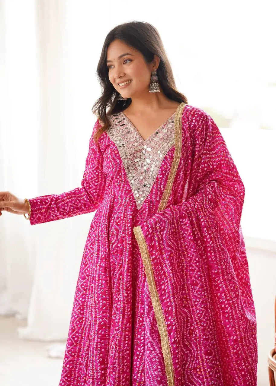 Plum Bandhani Mirror Anarkali Set