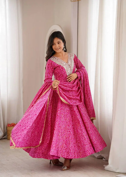 Plum Bandhani Mirror Anarkali Set