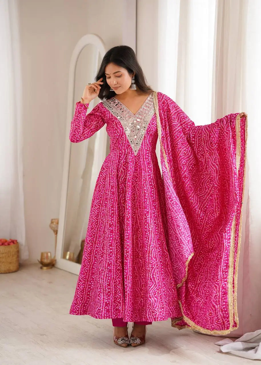 Plum Bandhani Mirror Anarkali Set