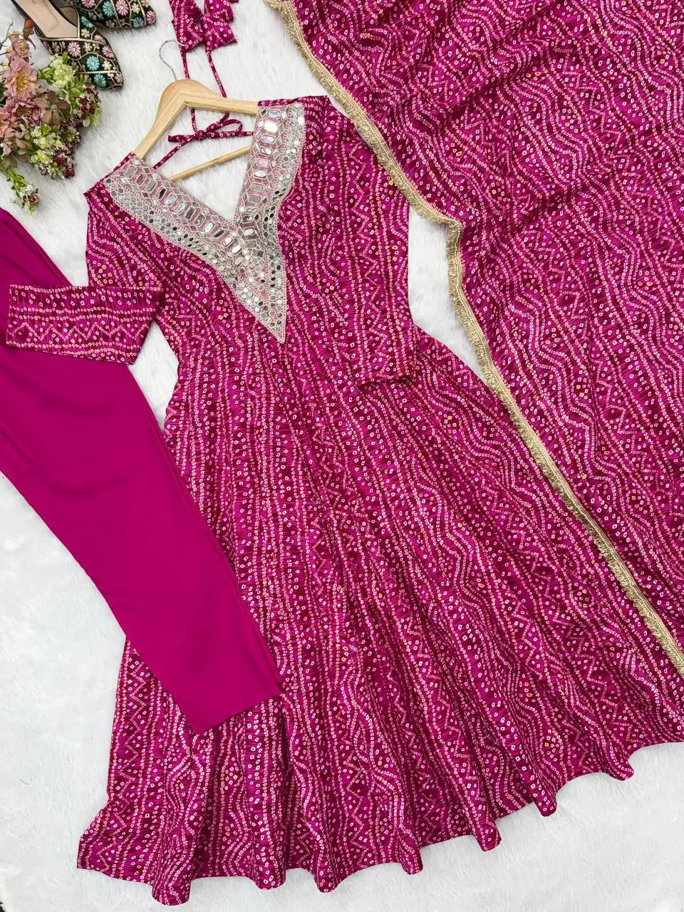 Plum Bandhani Mirror Anarkali Set