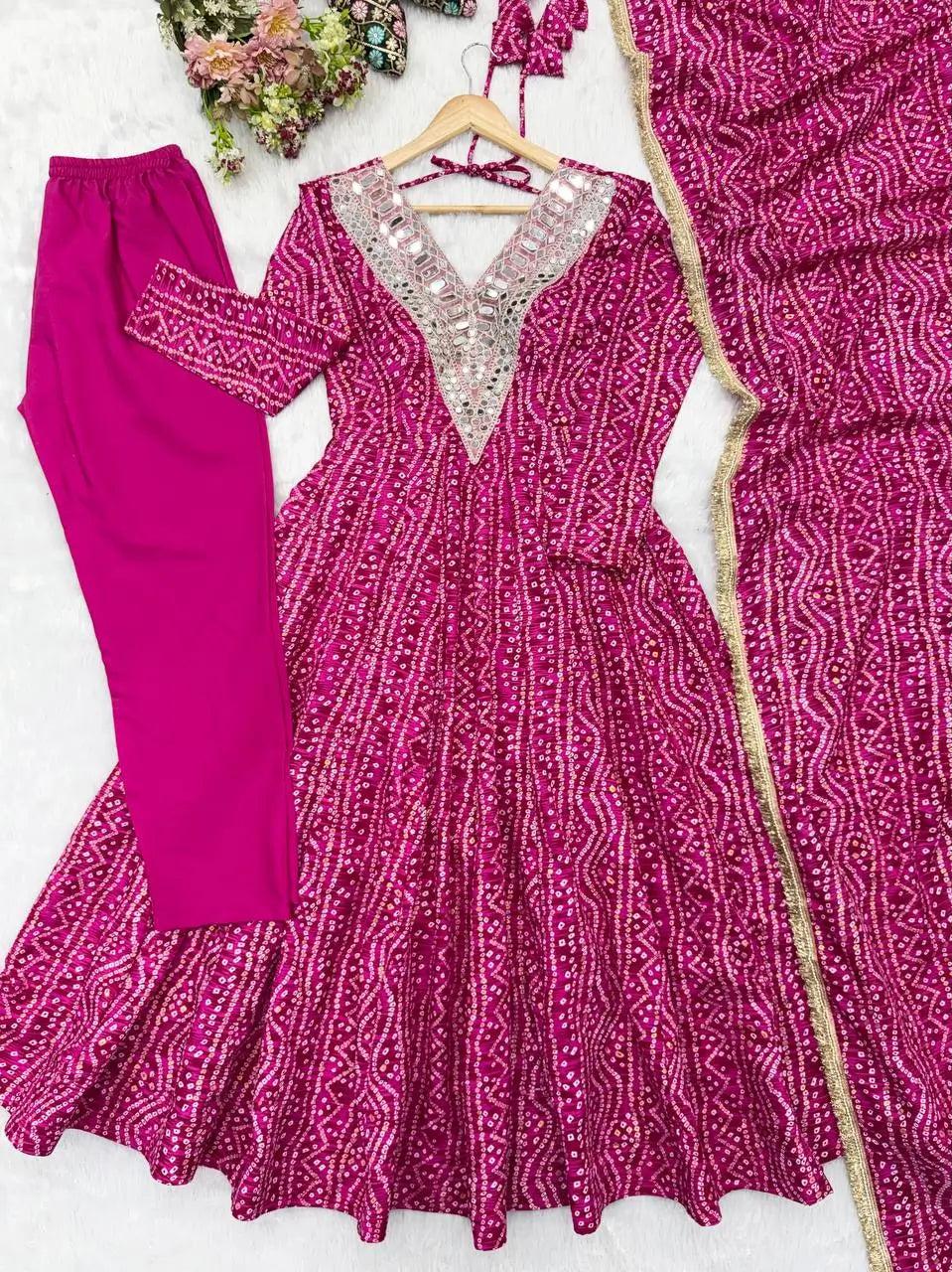 Plum Bandhani Mirror Anarkali Set