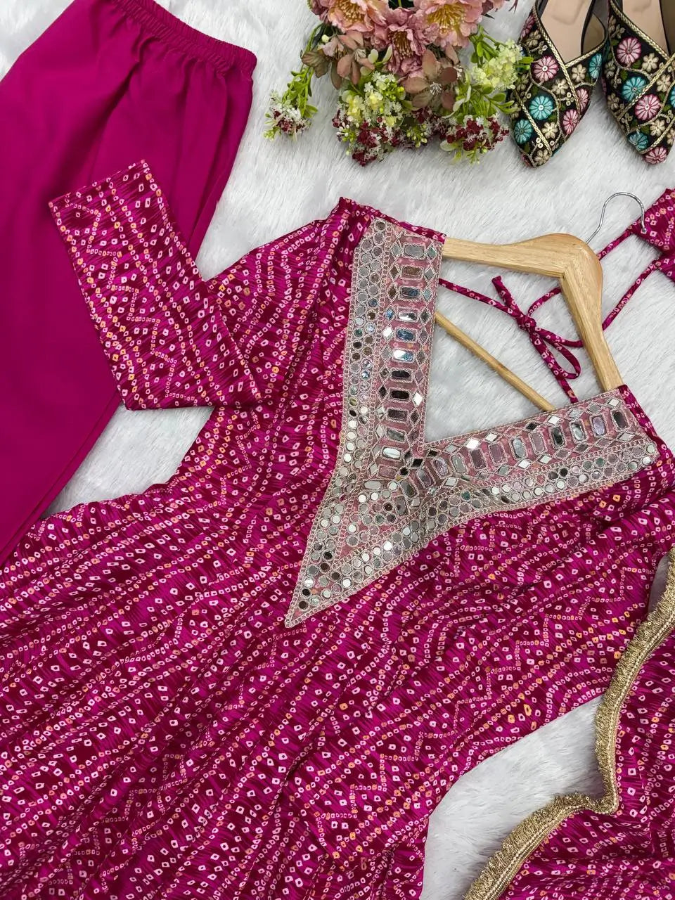 Plum Bandhani Mirror Anarkali Set
