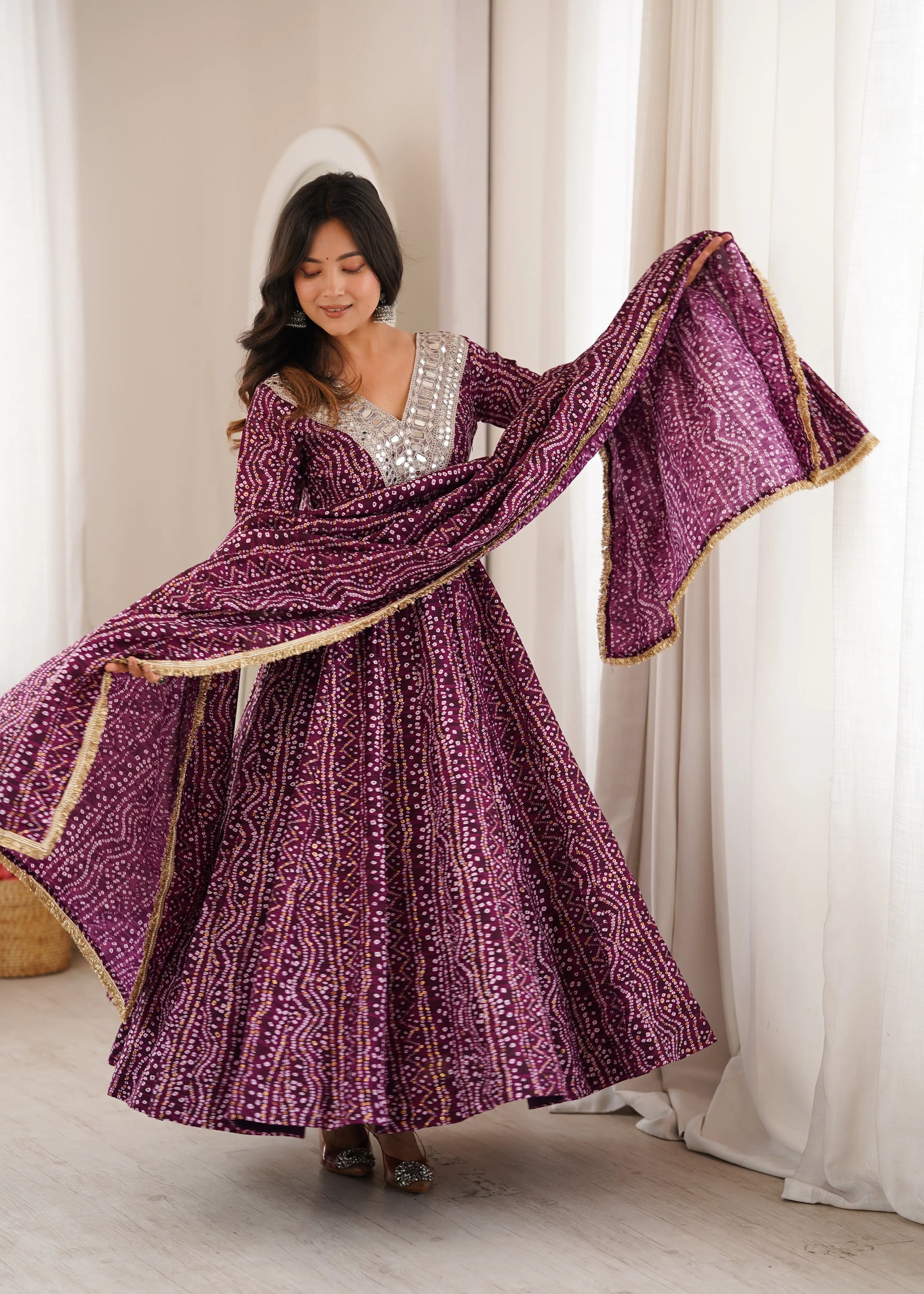 Plum Bandhani Mirror Anarkali Set