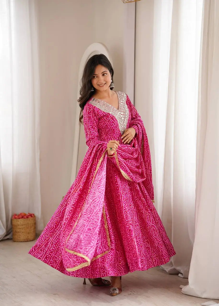 Plum Bandhani Mirror Anarkali Set