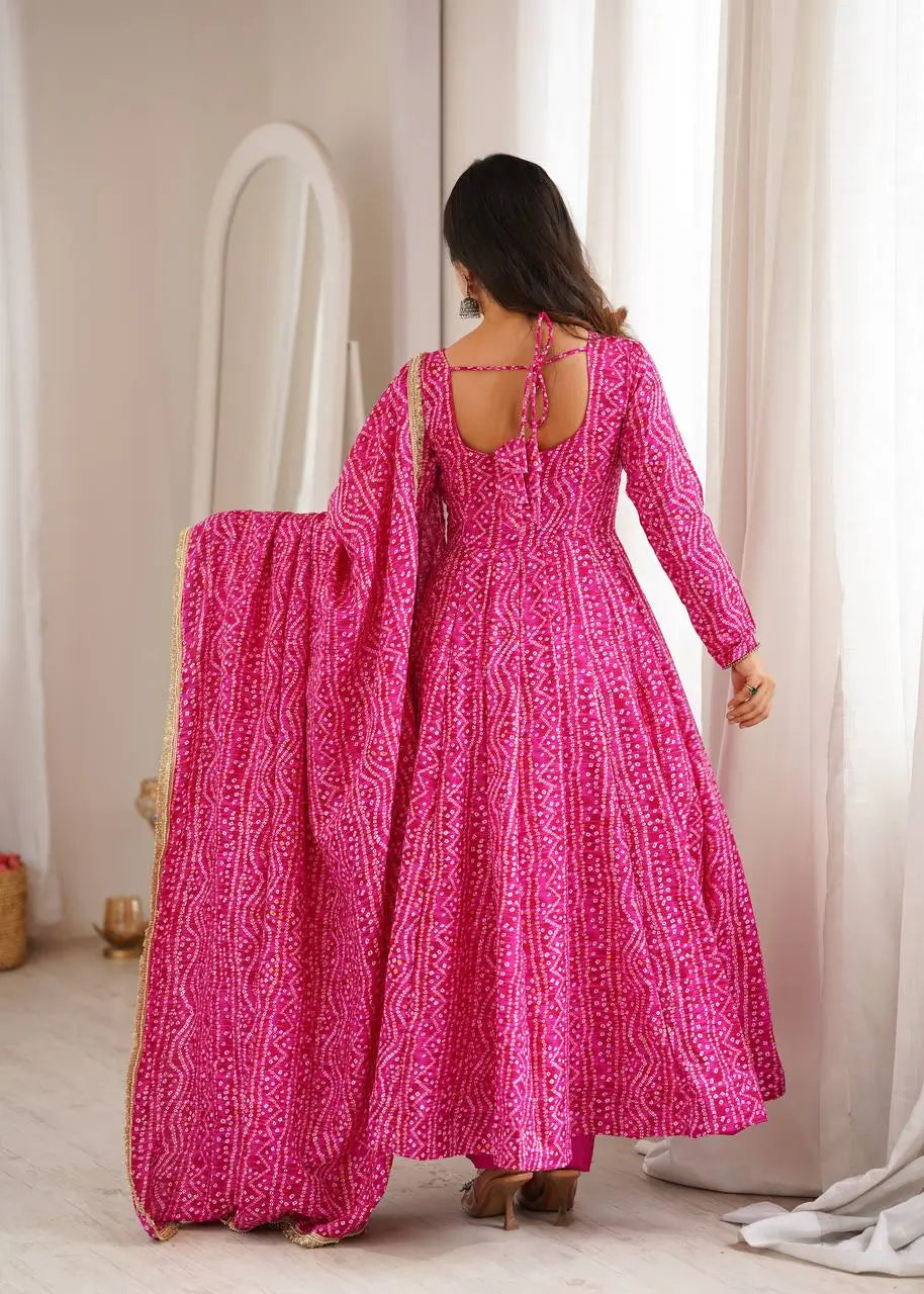 Plum Bandhani Mirror Anarkali Set