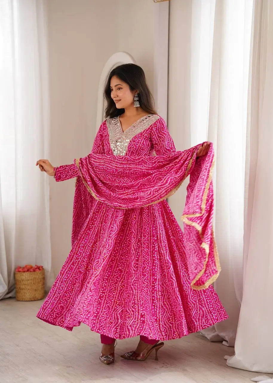 Plum Bandhani Mirror Anarkali Set