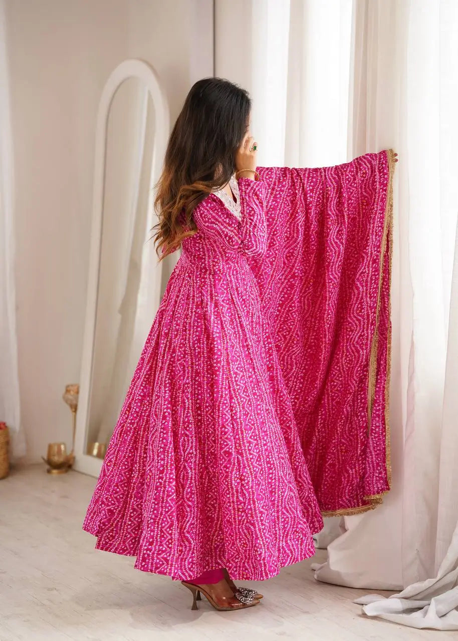 Plum Bandhani Mirror Anarkali Set