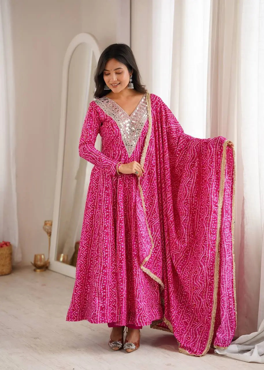 Plum Bandhani Mirror Anarkali Set