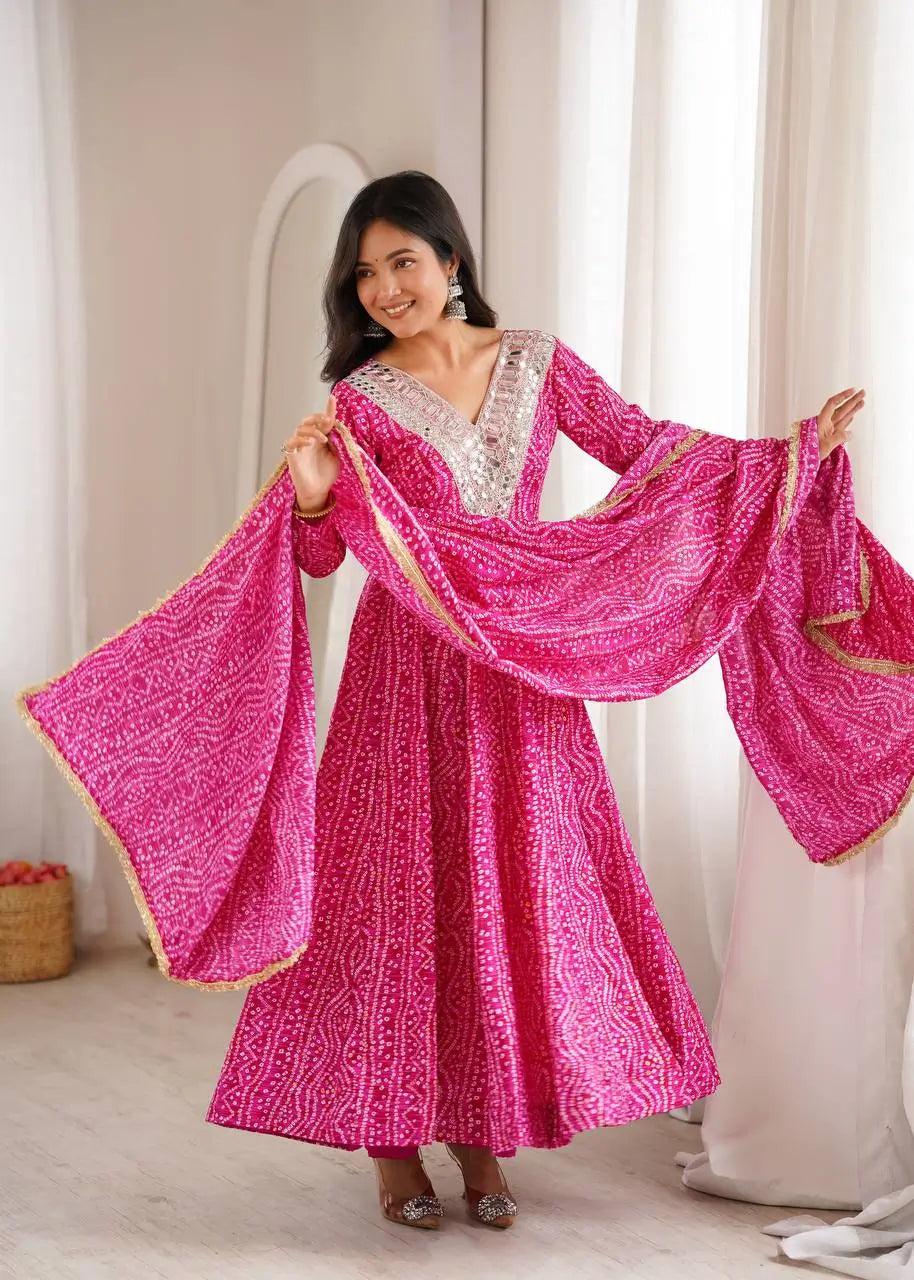 Plum Bandhani Mirror Anarkali Set