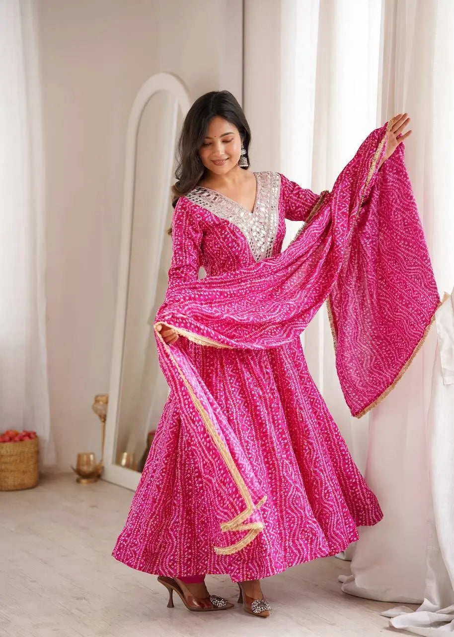Plum Bandhani Mirror Anarkali Set