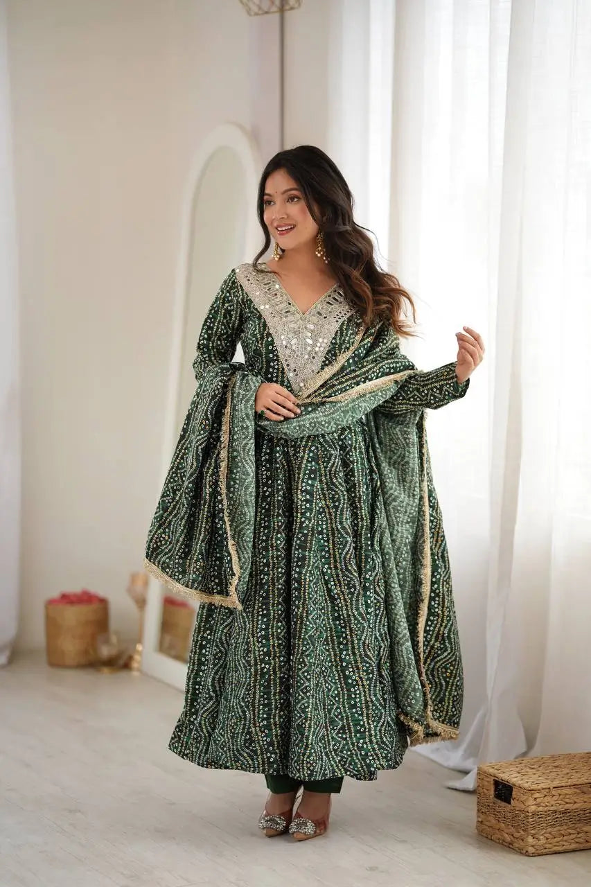 Plum Bandhani Mirror Anarkali Set