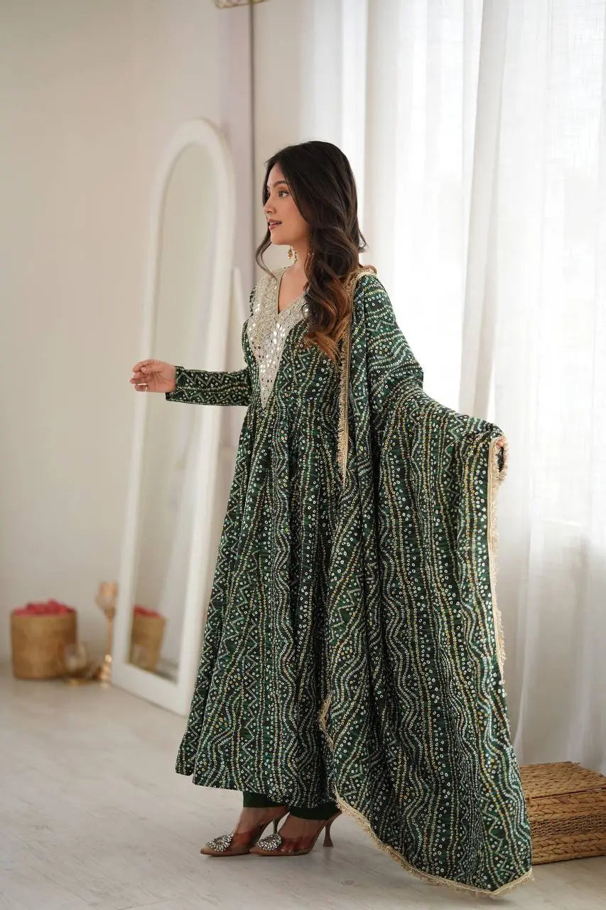 Plum Bandhani Mirror Anarkali Set