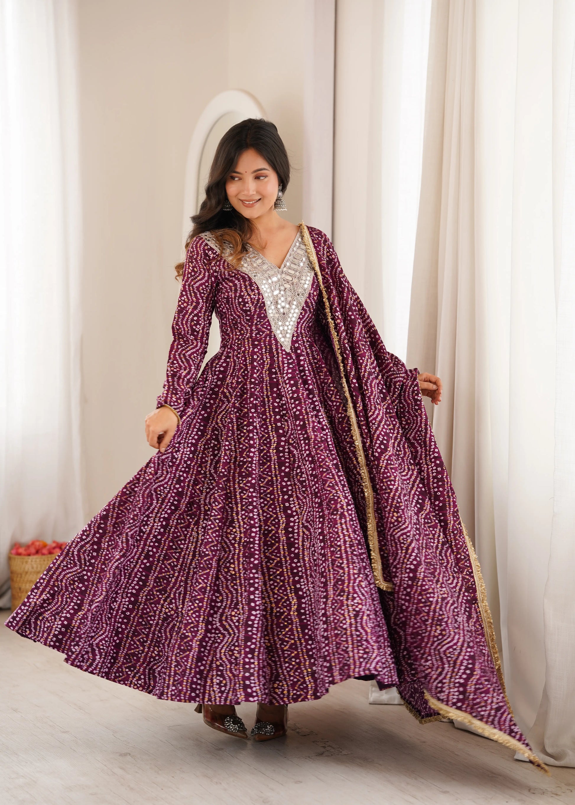 Plum Bandhani Mirror Anarkali Set