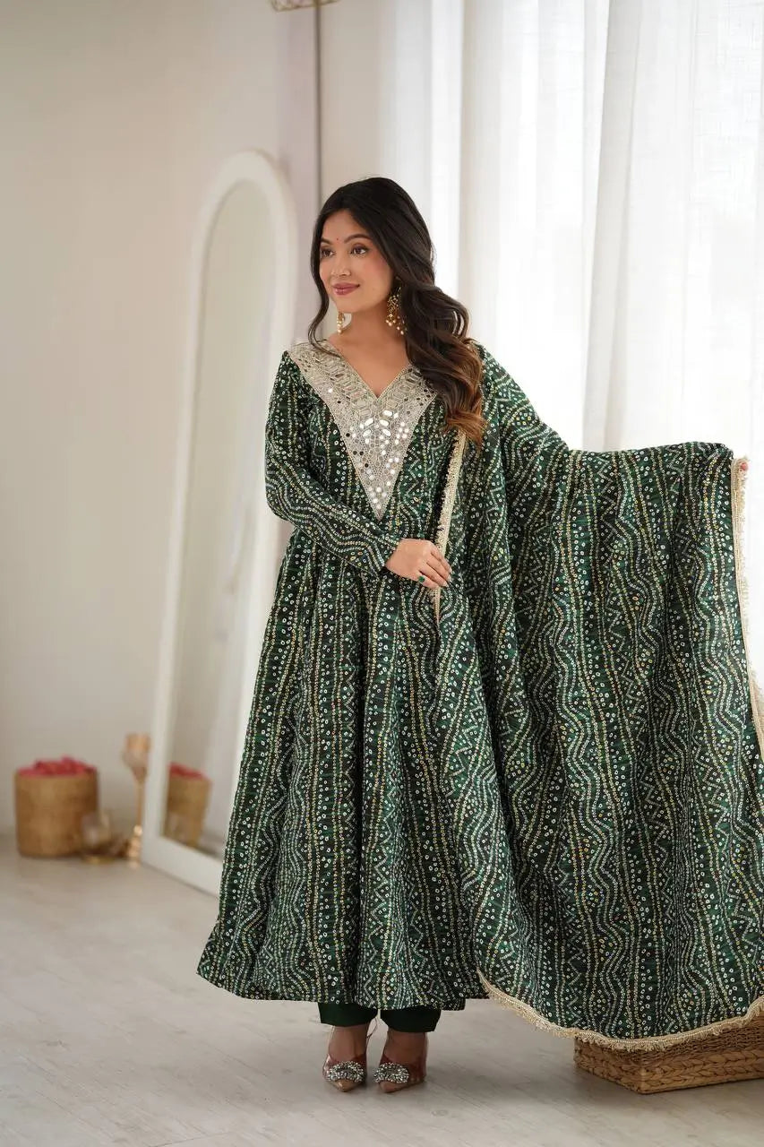 Plum Bandhani Mirror Anarkali Set
