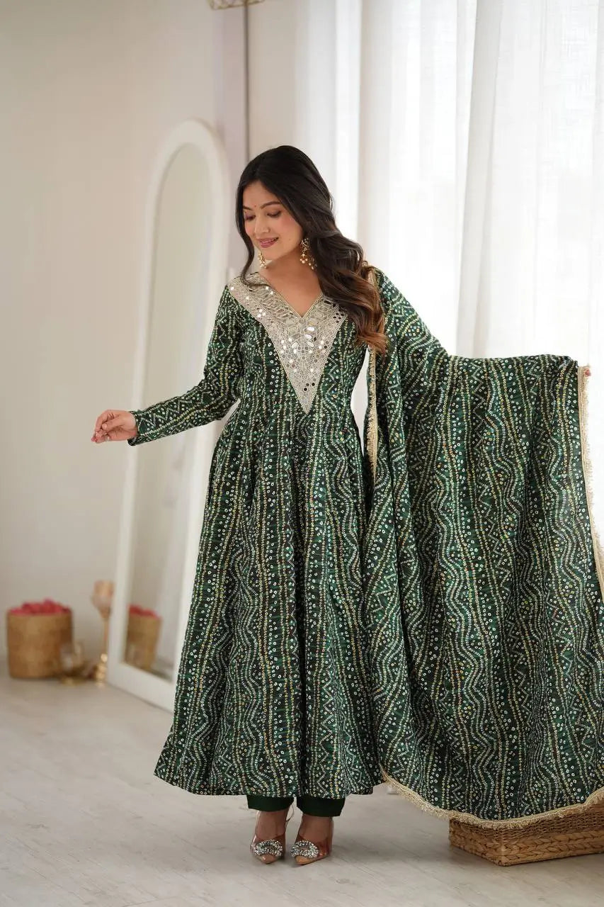 Plum Bandhani Mirror Anarkali Set