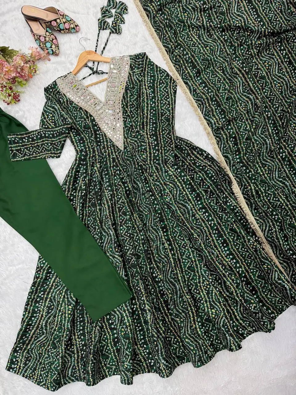 Plum Bandhani Mirror Anarkali Set