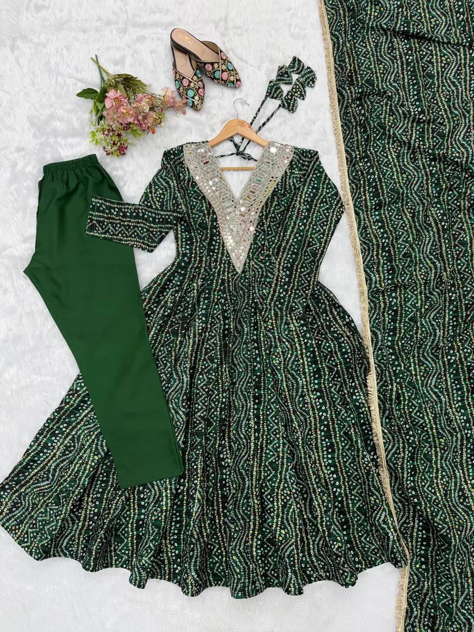 Plum Bandhani Mirror Anarkali Set