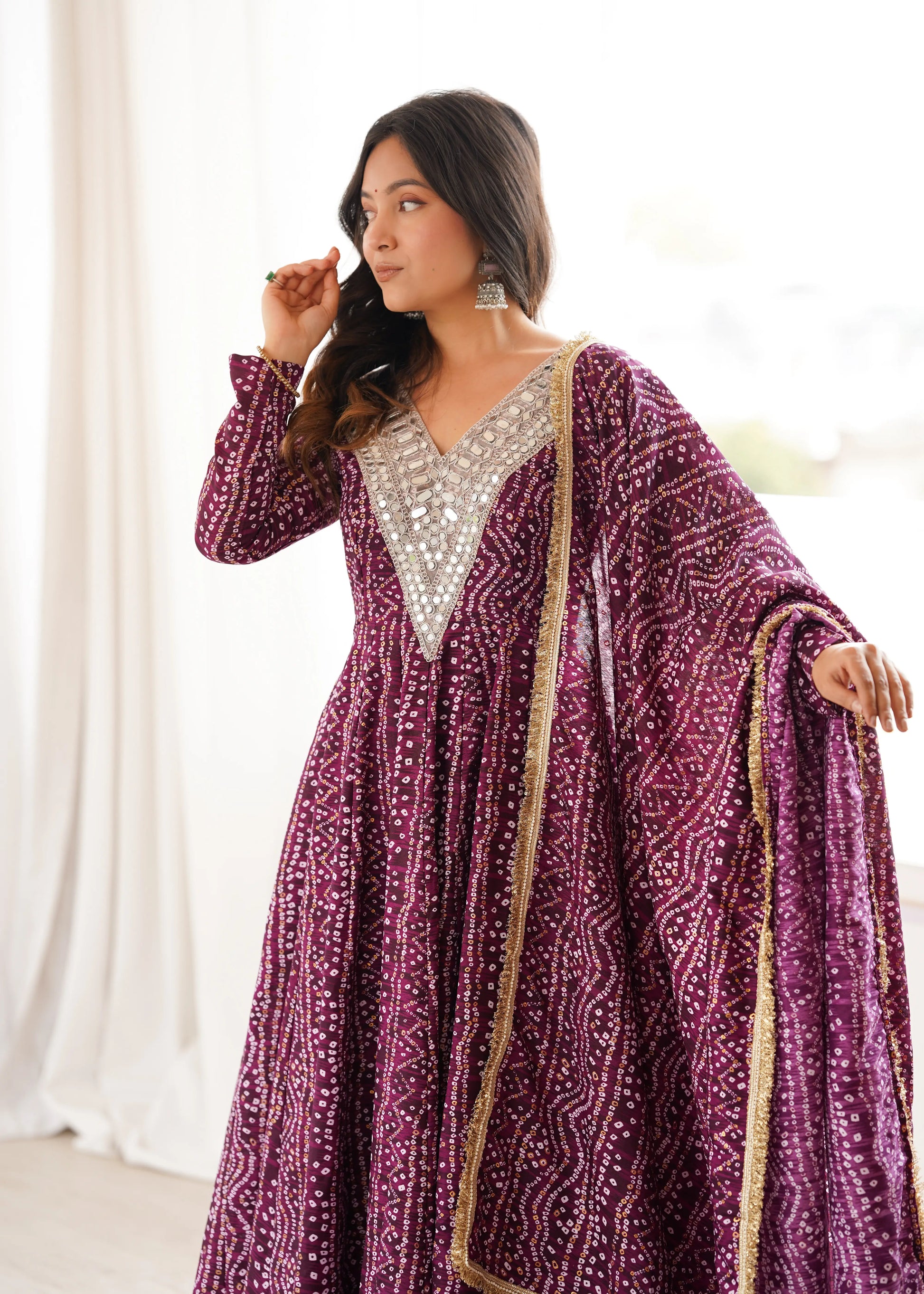 Plum Bandhani Mirror Anarkali Set