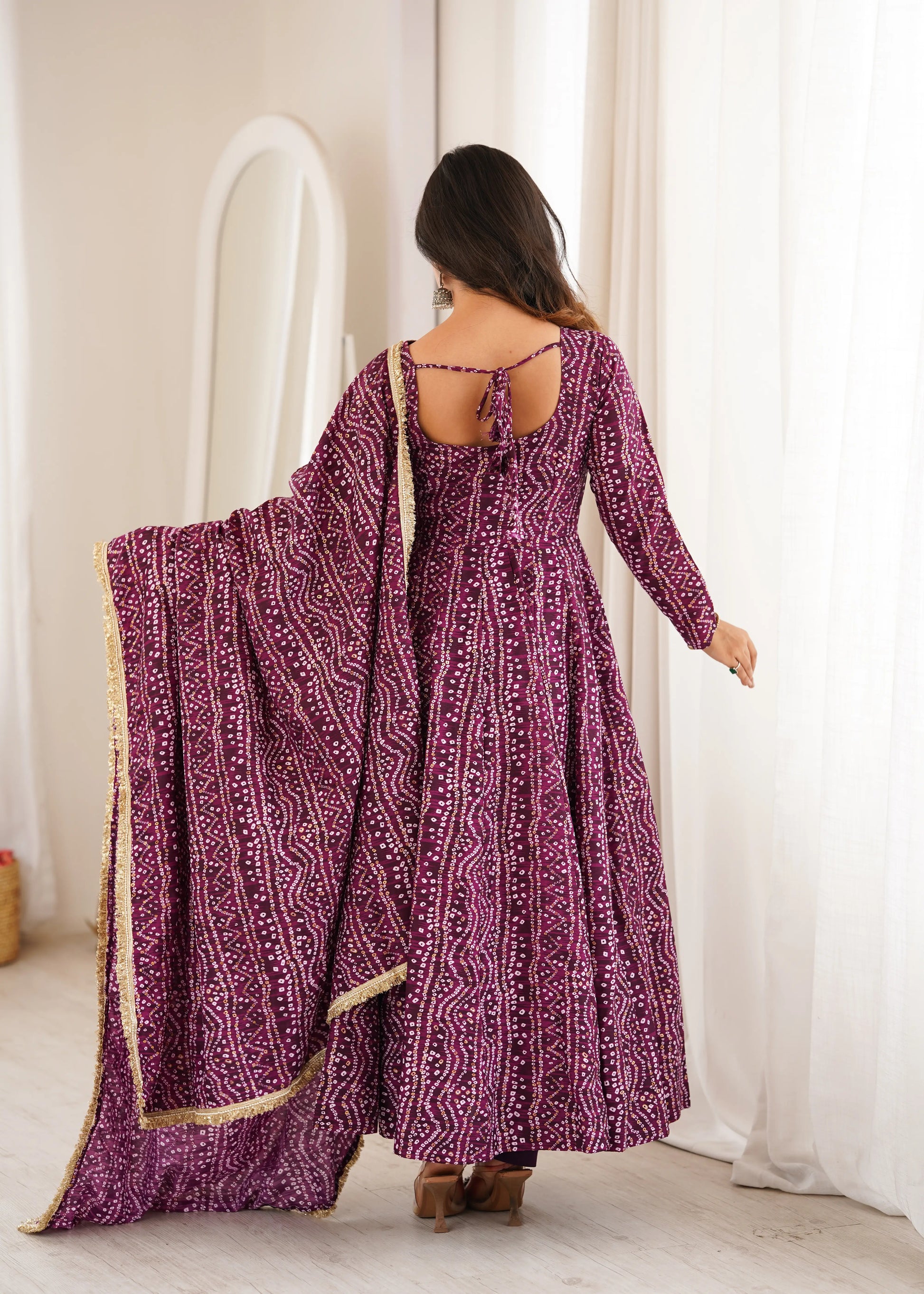 Plum Bandhani Mirror Anarkali Set