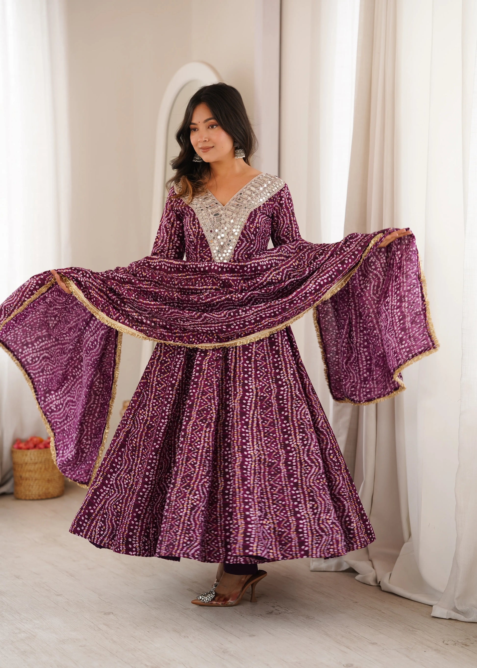 Plum Bandhani Mirror Anarkali Set