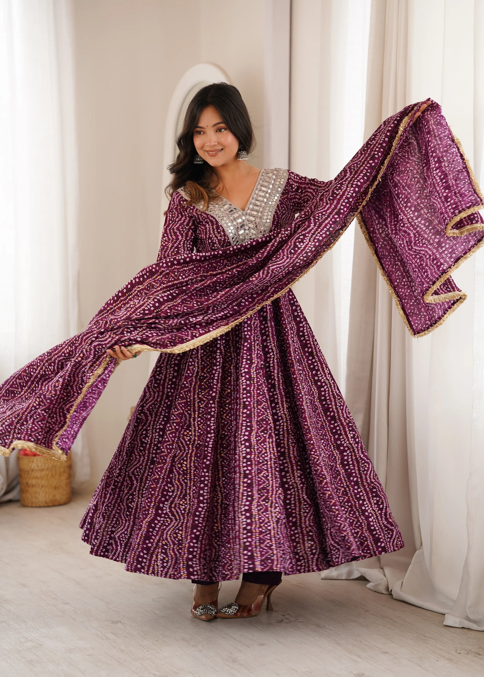 Plum Bandhani Mirror Anarkali Set
