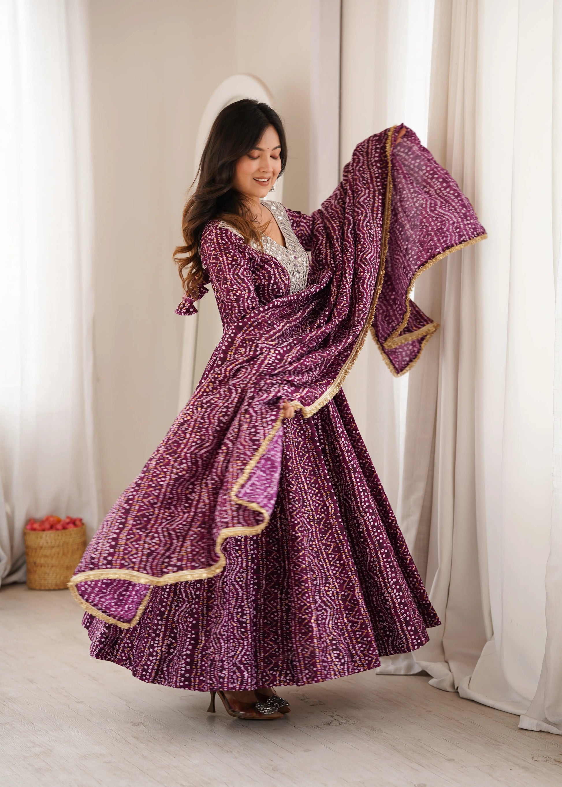 Plum Bandhani Mirror Anarkali Set