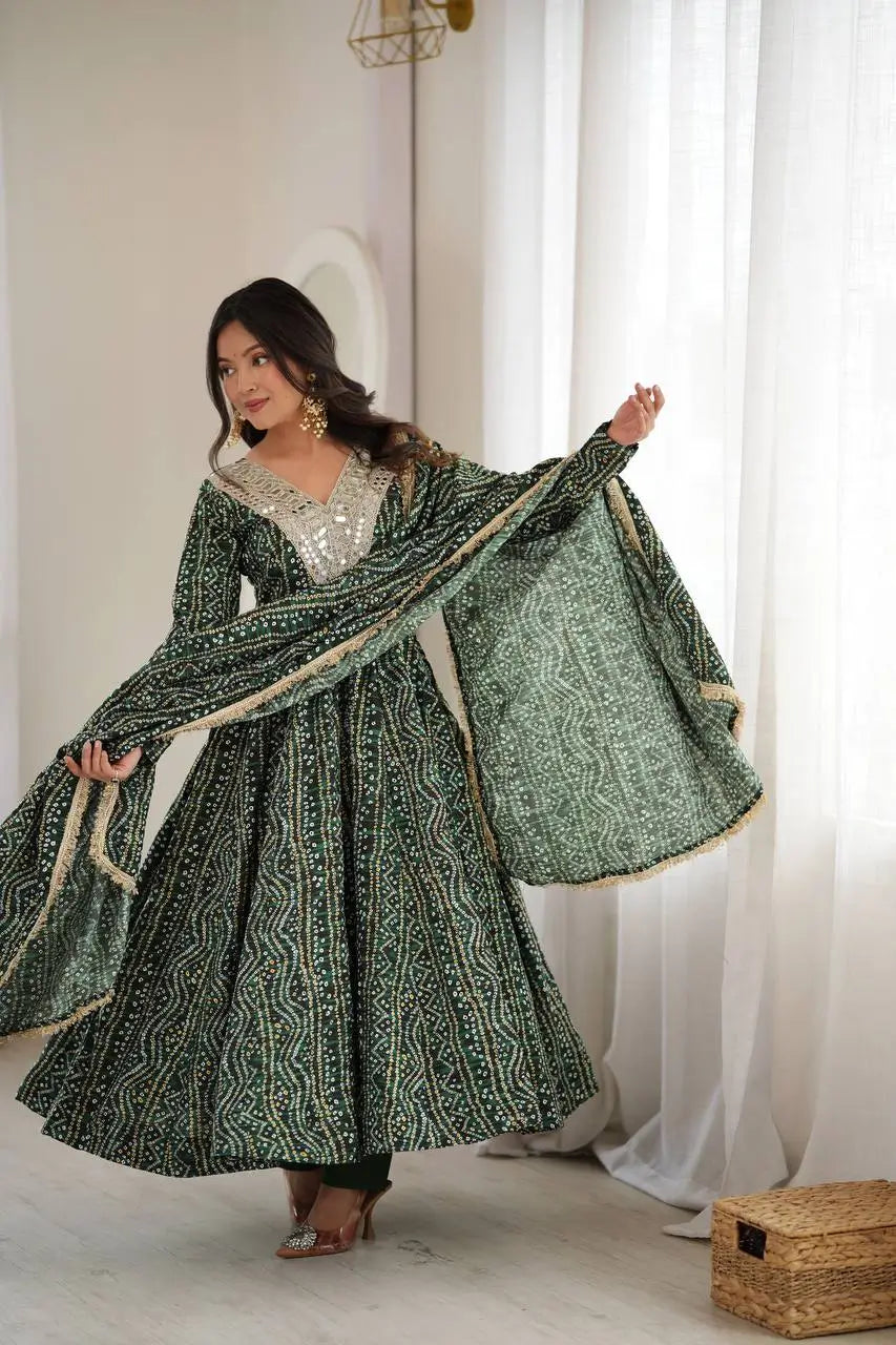 Plum Bandhani Mirror Anarkali Set