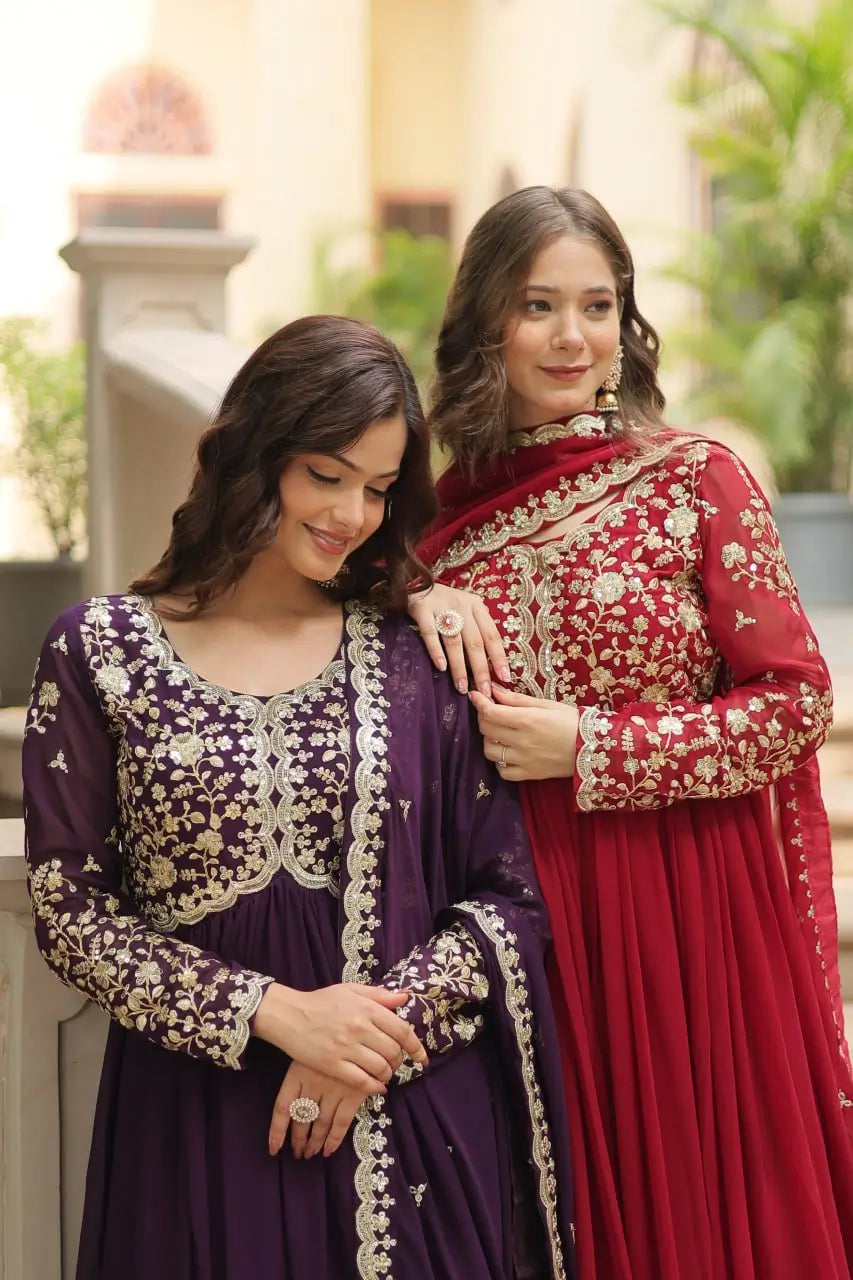 Plum Blooming Sequin Anarkali Gown Set