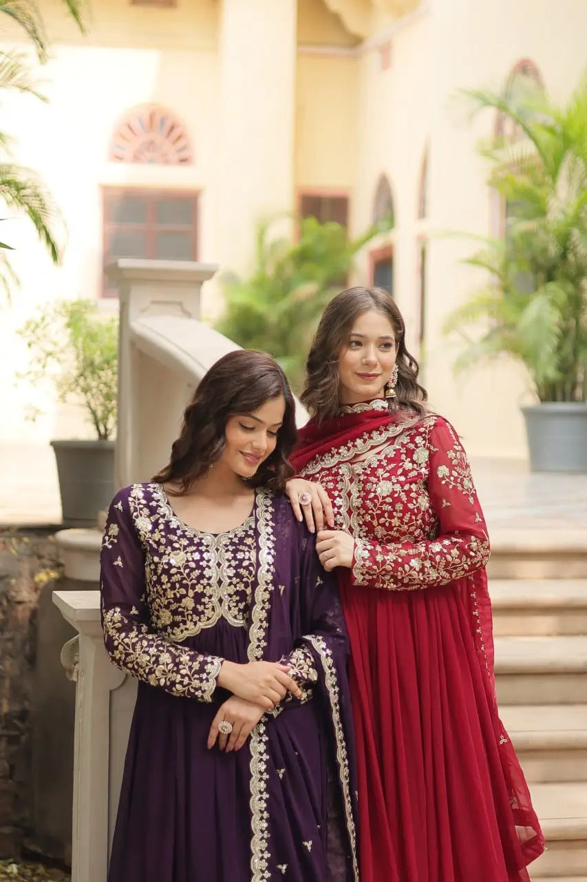 Plum Blooming Sequin Anarkali Gown Set