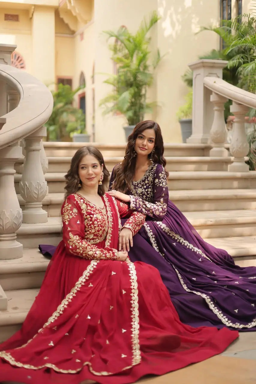 Plum Blooming Sequin Anarkali Gown Set